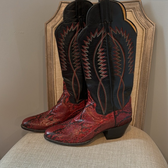 Panhandle Slim Red & Black Snakeskin Cowboy Boots women sz 7 - Picture 3 of 12